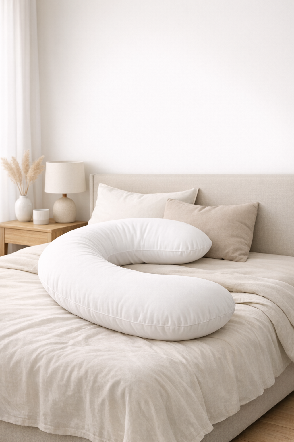 A large, white C-shaped body pillow—perfect for using a body pillow during pregnancy—rests on a neatly made bed in a neutral-toned bedroom with a nightstand, lamp, and decorative vase.